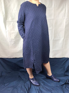 Heavy Cotton Long Sleeved Dress with Oriental Details in Midnight