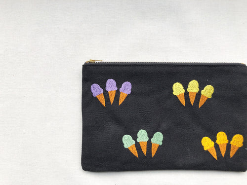 Ice Cream on Black Canvas Small Zip Up Pouch