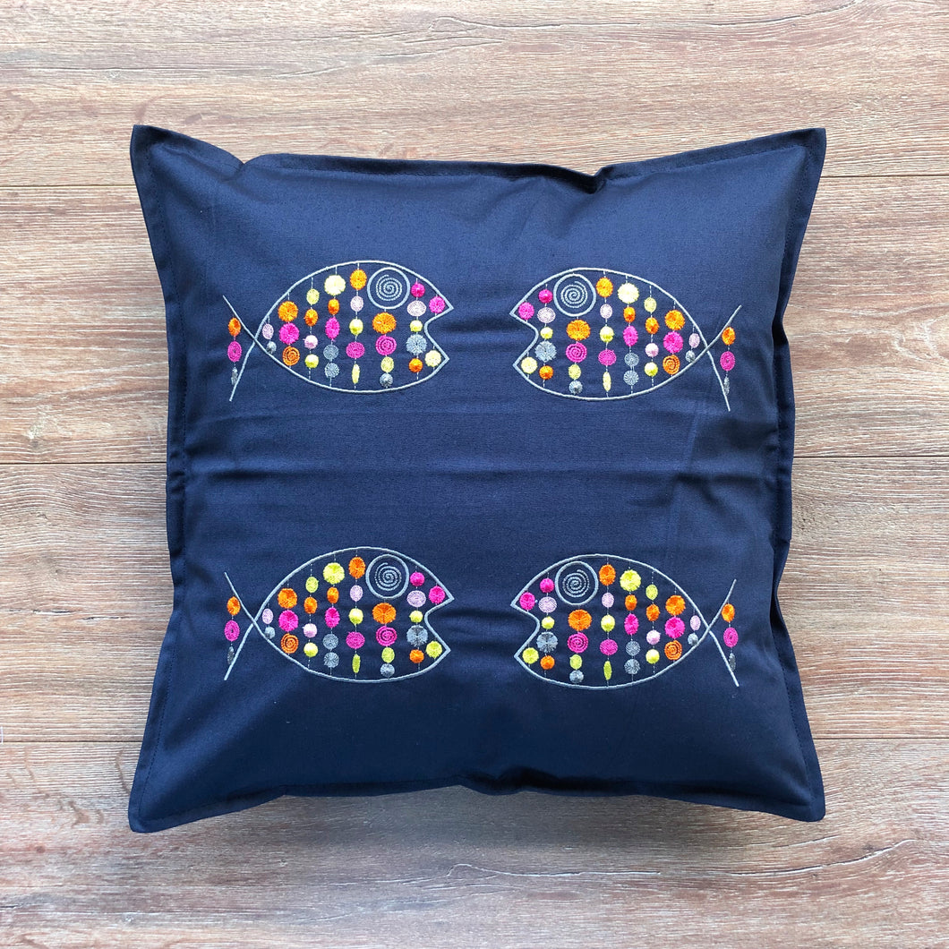 Crazy Fish on Navy Canvas Cushion Cover