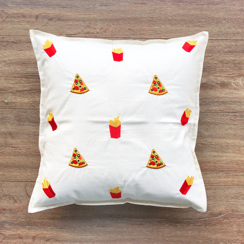 Pizza & Fries on Light Canvas Cushion Cover
