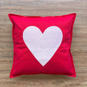 Heart in Metallic Pink Thread on Red Canvas Cushion Cover