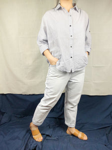 Slouchy Pinstriped Button Down Top with Two Way Sleeves