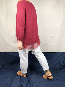 Cotton Blouse with Lace Hem in Berry