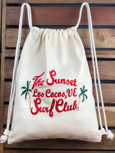 Sunset Surf Club on Cream Denim Drawstring Backpack
