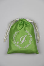 Letters A-Z in White Script on Green Shantung Medium Drawstring Pouch