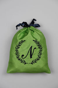 Letters A-Z in Navy Script on Green Shantung Medium Drawstring Pouch