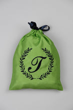 Letters A-Z in Navy Script on Green Shantung Medium Drawstring Pouch