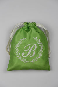 Letters A-Z in White Script on Green Shantung Medium Drawstring Pouch