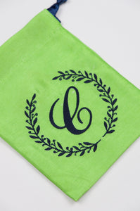 Letters A-Z in Navy Script on Green Shantung Mini Drawstring Pouch