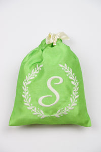 Letters A-Z in White Script on Green Shantung Mini Drawstring Pouch