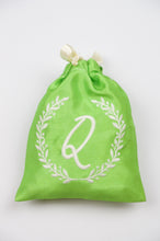 Letters A-Z in White Script on Green Shantung Mini Drawstring Pouch