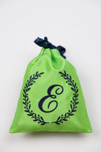 Letters A-Z in Navy Script on Green Shantung Mini Drawstring Pouch