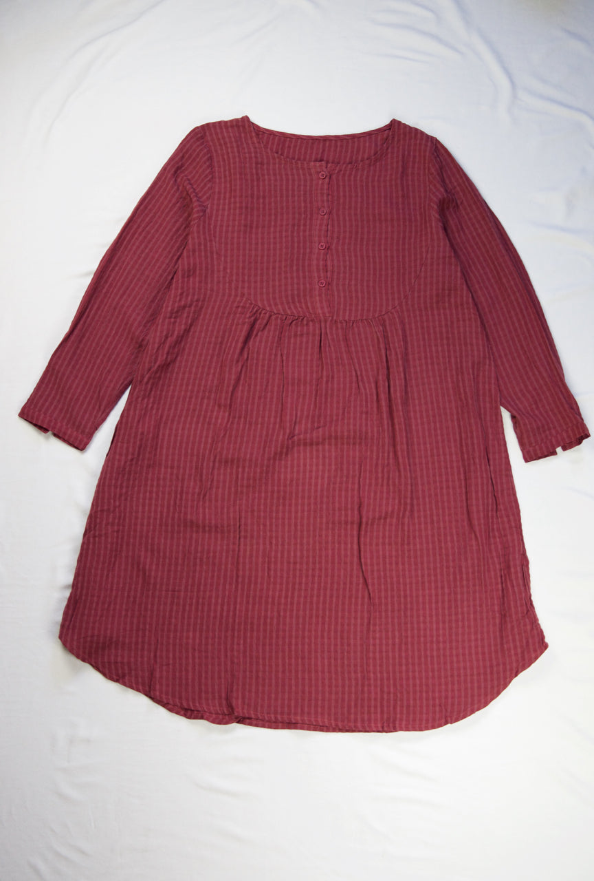 Striped Cotton Long Sleeved Babydoll Dress in Merlot