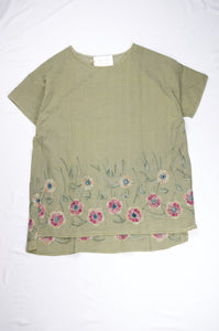 Slouchy Light Cotton Top with Floral Embroidered Hem in Steel