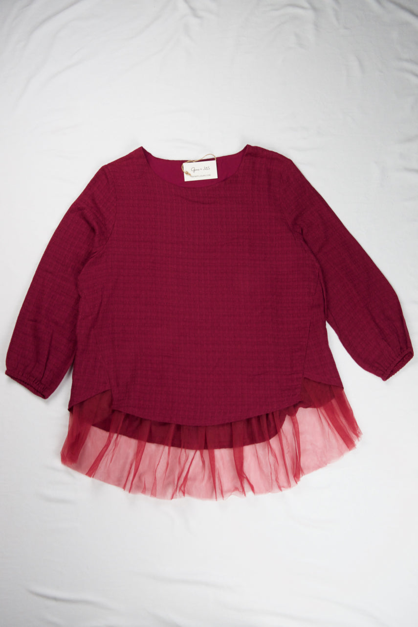 Cotton Blouse with Lace Hem in Berry