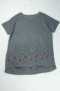 Slouchy Light Cotton Top with Floral Embroidered Hem in Steel