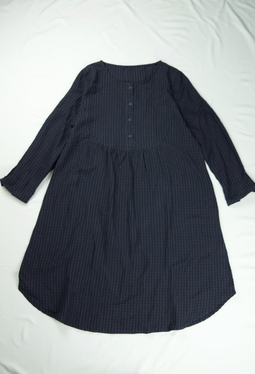 Striped Cotton Long Sleeved Babydoll Dress in Midnight
