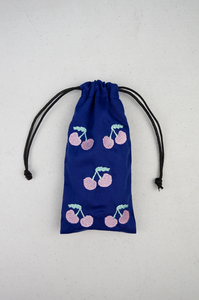 Cherries on Blue Twill Mobile Phone Drawstring Pouch