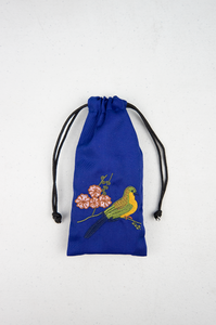 Bird and Blossoms on Blue Twill Mobile Phone Drawstring Pouch