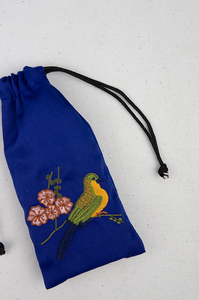 Bird and Blossoms on Blue Twill Mobile Phone Drawstring Pouch