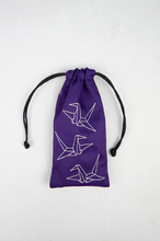 Paper Cranes on Purple Twill Mobile Phone Drawstring Pouch
