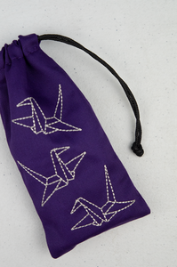 Paper Cranes on Purple Twill Mobile Phone Drawstring Pouch