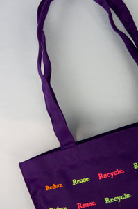 Reduce Reuse Recycle on Purple Cotton Mini Tote