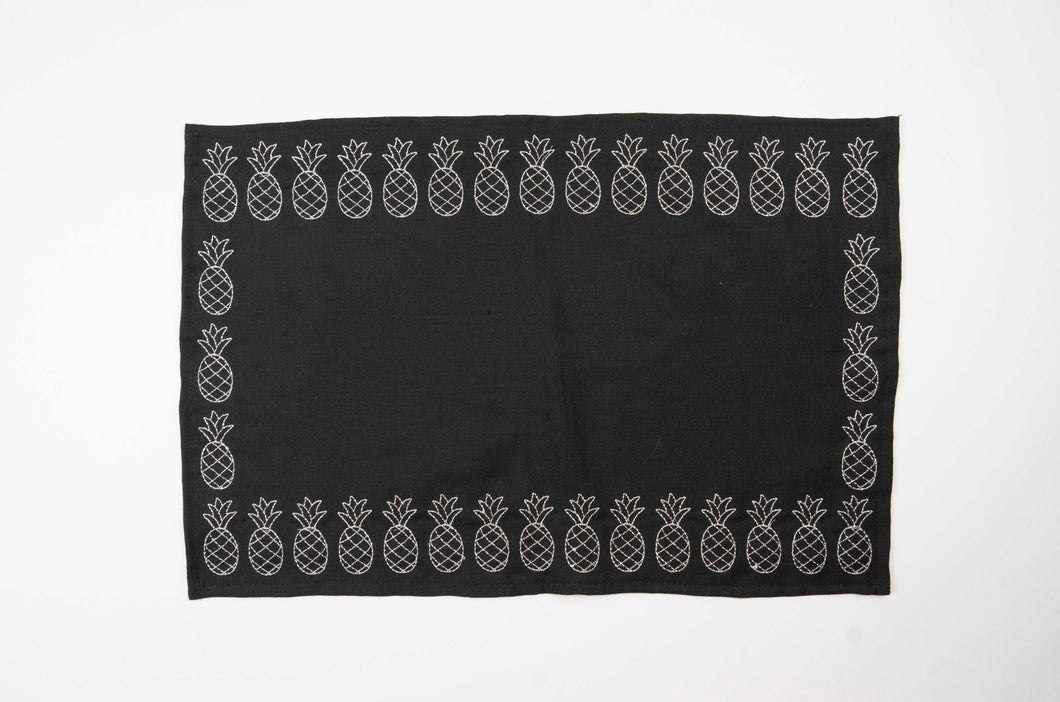 Silver Pineapple Doodles on Black Linen Placemats