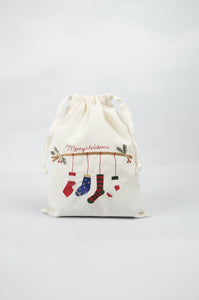 Christmas Socks on Light Canvas Medium Drawstring Pouch