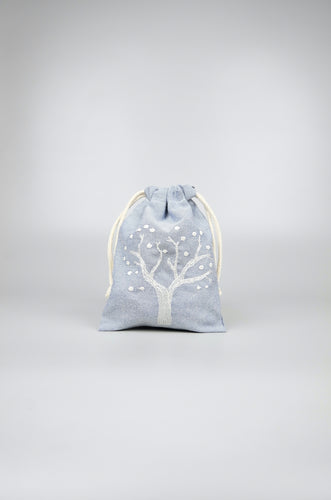Enchanted Tree on Blue Cotton Chambray Mini Drawstring Pouch