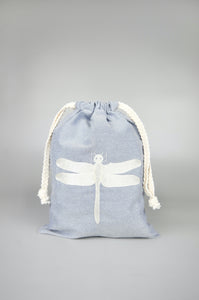 Dragonfly on Blue Cotton Chambray Medium Drawstring Pouch