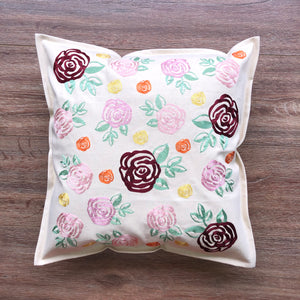 Roses in Bloom on Natural Denim Cushion Cover