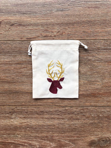 Red and Gold Deer on Light Canvas Mini Drawstring Pouch